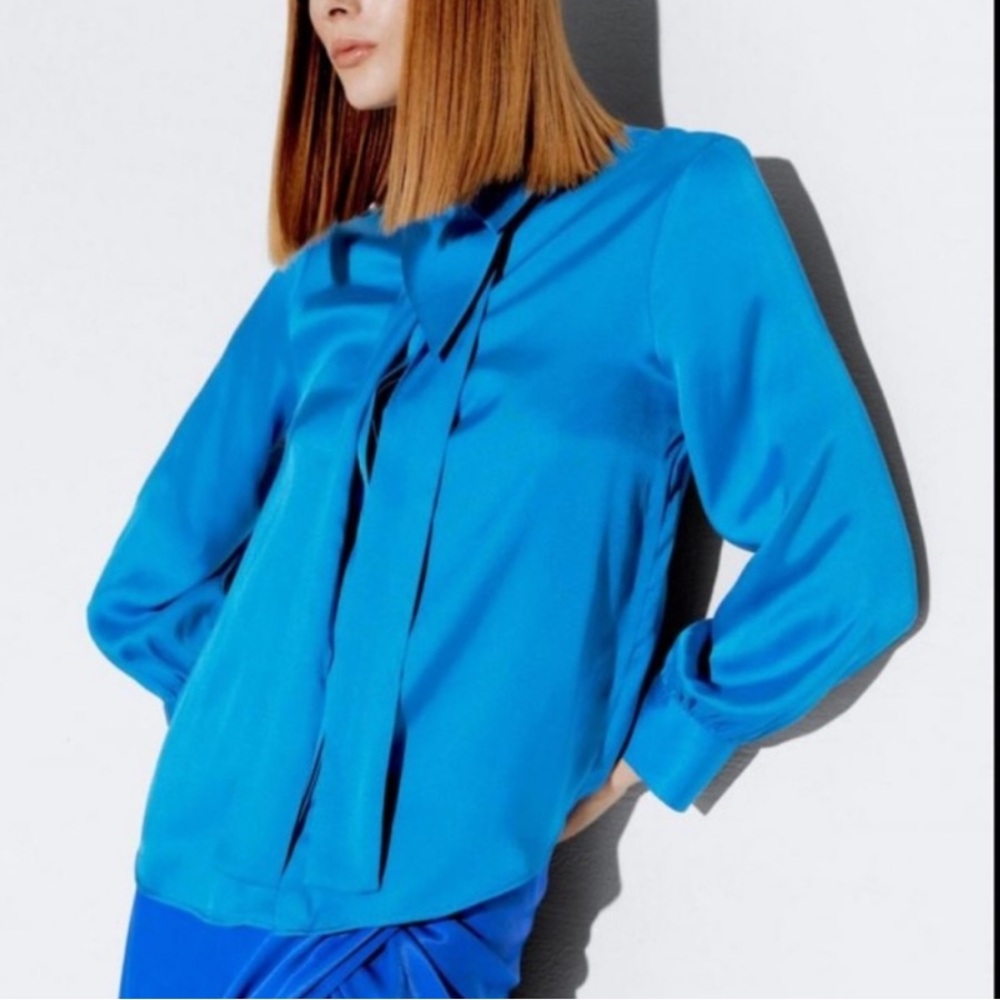 Zara Bright Blue Satin Tie-Neck Blouse